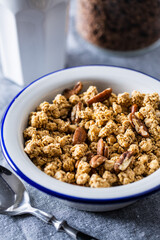 Breakfast cereal. Morning granola in bowl.
