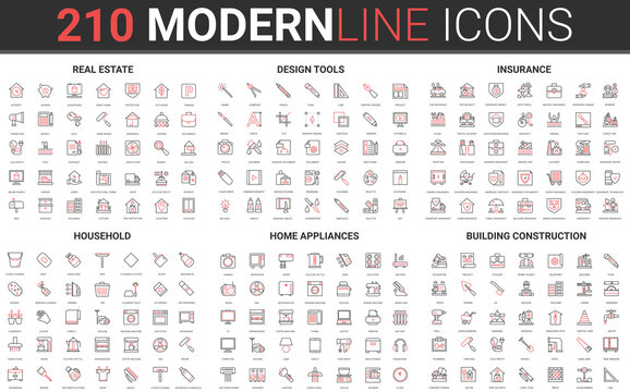 210 modern red black thin line icons set of household, home appliances, building construction, real estate, design tools, insurance collection vector illustration.
