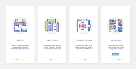 Creative branding graphic design vector illustration. UX, UI onboarding mobile app page screen set with line modern search service of brand vision, insight idea generation, designer sketching symbols