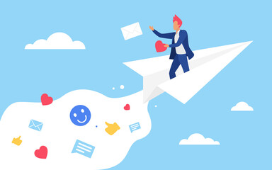 Business in social media vector illustration. Cartoon businessman character in office suit flying on paper origami plane in blue sky, dropping like letters messages and emoji emoticons background