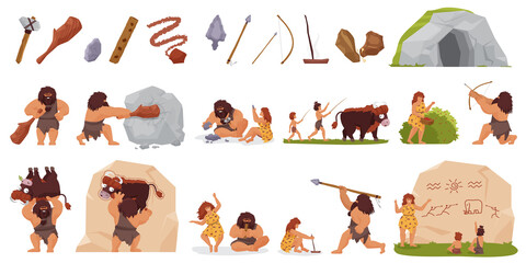 Primitive people hunt vector illustration set. Cartoon primeval wild caveman character hunting with stick club bow spear, woman cooking food, prehistoric stone age life scenes isolated on white