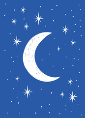 Obraz na płótnie Canvas Scandinavian Style Kids Room Decoration. Cute Hand Drawn Moon and Stars on Blue Background. Nursery Wall Art for Baby Boy And Baby Girl. Vector Illustration Ideal for Card, Invitation, Poster.
