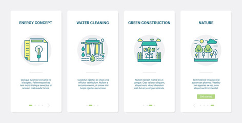 Green energy industry technology vector illustration. UX, UI onboarding mobile app page screen set with line industrial water purification, eco construction to save ecology, nature environment