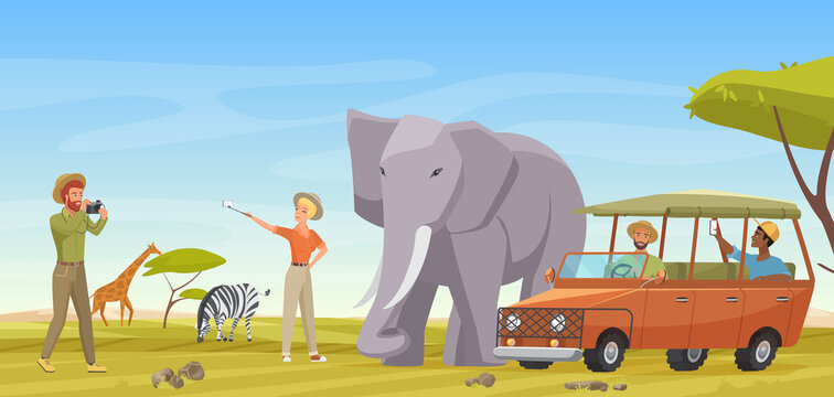 African Safari Travel Adventure Vector Illustration. Cartoon Man Woman Travelers Making Selfie Photo With Wild Elephant Animal, Exotic Tour To Tropical Savanna In National Park Of Africa Background