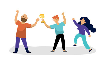 Fototapeta premium A colourful flat illustration with happy people and winner cup, for some positive topics about success, victory, happiness, enjoyment. 