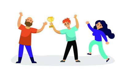 A colourful flat illustration with happy people and winner cup, for some positive topics about success, victory, happiness, enjoyment. Vector, EPS 10.