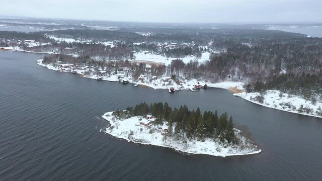 Archipelago landscape aerial view during winter. Snow covered nature.