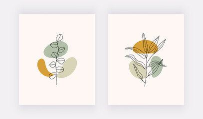 Botanical wall art prints with shapes and black lines leaves. 
