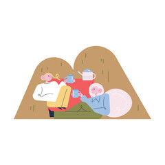 Happy young couple sitting and drinking hot tea or coffee during traveling break