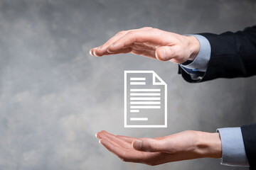 Businessman man holding a document icon in his hand Document Management Data System Business...