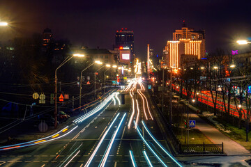 Fototapeta na wymiar Kyiv, Ukraine long exposure view on trafic road at night city