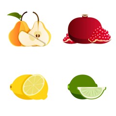 Pear, Pomegranate, Lemon, Lime.Set of Whole and Slice Fruit For Menu, Advertising, Website.