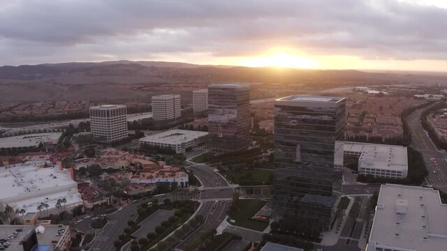 Aerial sunset view of the skyline of downtown Irvine, California, USA.