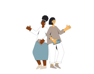 Teenagers listening to music, podcast, audiobook, lecture. Friendship. Young couple standing together with phones and headphones isolated on white background. Social media. Audio chat.