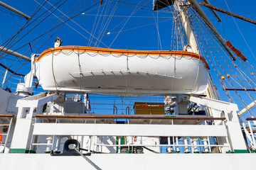 A lifeboat mounted on a large sailing ship. Necessary rescue equipment on large sea vessels.