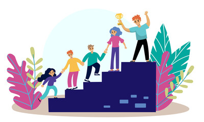A colourful flat illustration with happy people and winner cup, for some positive topics about success, victory, happiness, enjoyment. 