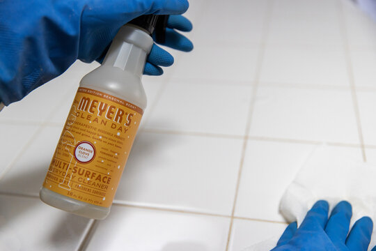 February 27, 2021, Everett, Washington, USA: Meyer's Clean Day Surface Cleaner Sprays A Counter To Sanitize