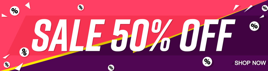 Sale 50% off, web banner design template, discount horizontal poster, vector illustration 