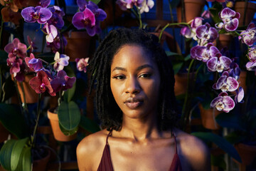Portrait of African American woman in garden