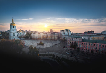 Aerial view of Sofiyivska Square and St Sophia Cathedral at sunset - Kiev, Ukraine