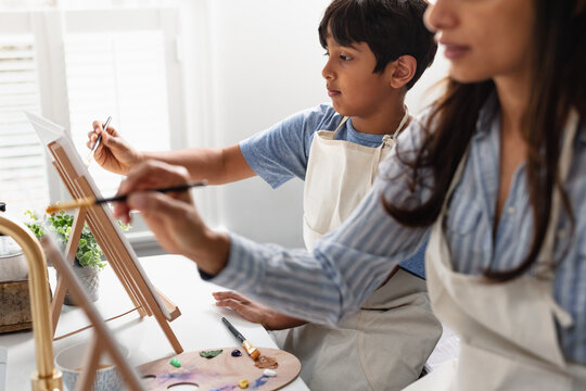 Indian Mother And Son Painting At Home, DIY Art Activity