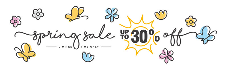 Spring Sale up to 30% off handwritten typography lettering line design colorful flowers butterflies tulips isolated white background