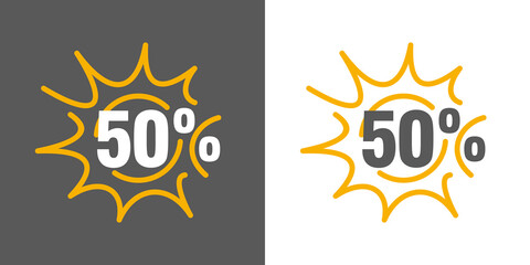 Spring Summer Sale 50 percent off with the sun in the background vector sticker label logo incon isolated on white and dark gray background