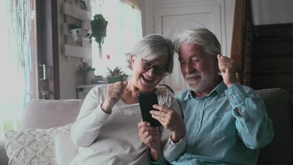 Overjoyed middle aged mature family couple looking at laptop screen, celebrating online lottery win or auction bid, excited of reading email with great news, feeling happiness together at home.
