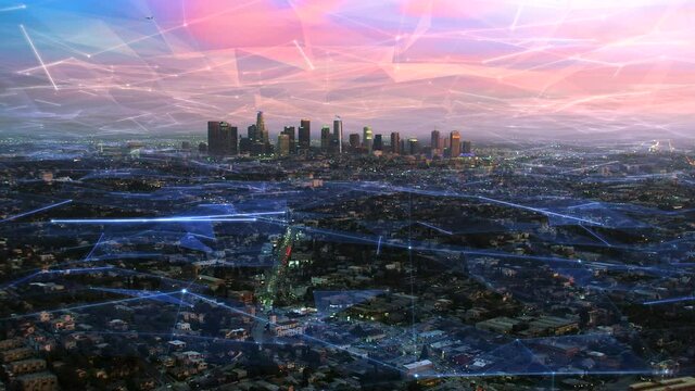 Famous skyscrapers with futuristic network over downtown Los Angeles, California. United States. Aerial connected view of the city at sunset 