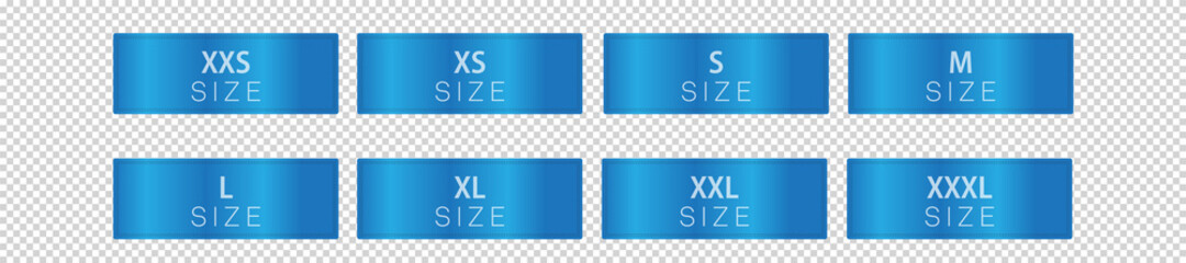 Blue cloth labels with size for apparel, brand tags S, L, M, XL symbols, textile badges with seams and fabric texture. Clothing isolated on transparent background Realistic vector illustration