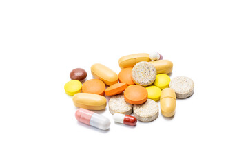 drugs isolated on white background. various pills and tablets cut out. pharmacy concept