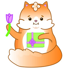 cute cat congratulates on the holiday, gives a gift and a flower.Cute Vector Illustration
