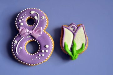 Homemade gingerbread ginger cookies in the form of 8. International Women's Day on March 8 during the quarantine period.