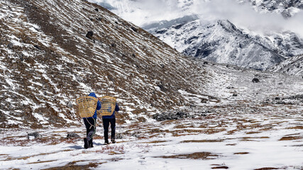 Porters carry provisions to base camp Mount Island Peak, Imja Tse , 6,189 m, Nepal.