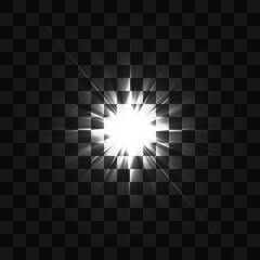 White beautiful light explodes with a transparent explosion. Vector, bright illustration for perfect effect with sparkles. Bright Star. Transparent shine of the gloss gradient, bright flash.