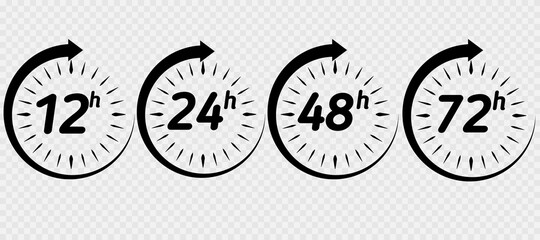 12, 24, 48 and 72 hours clock arrow. Vector work time effect or delivery service time icons