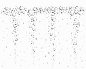 Fototapeta premium Underwater air bubbles background. Fizzy drink, carbonated water, soda, lemonade, champagne, beer, sparkling wine. Water stream in ocean, sea or aquarium. Vector realistic illustration.