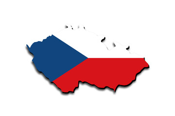 Outline map of Czech Republic with the national flag superimposed over the country. 3D graphics casting a shadow on the white background	