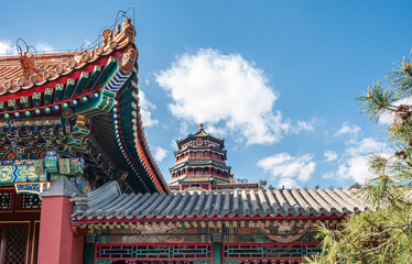 Beijing, China - April 29, 2010: Summer Palace. Vivid colros of red, golden, and more, on roof...