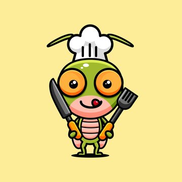 cute grasshopper character design themed chef