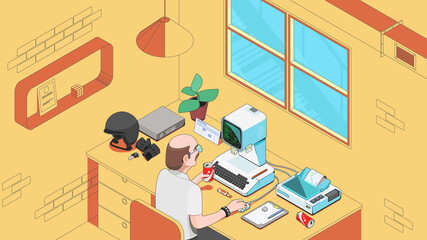 Isometric office space and equipment. Office employee at his workplace.
