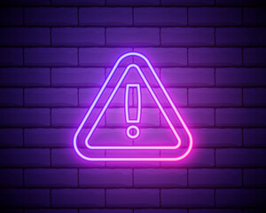 triangular sign with exclamation point neon icon. Elements of web set. Simple icon for websites, web design, mobile app, info graphics isolated on brick wall