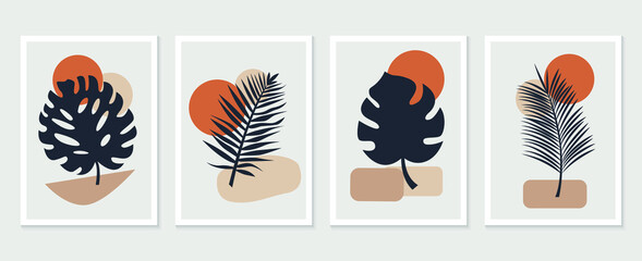 Botanical wall art vector set. Tropical Foliage line art drawing with abstract shape. Abstract Plant Art design for print, cover, wallpaper, Minimal and natural wall art. Vector illustration