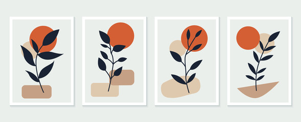Botanical wall art vector set. Tropical Foliage line art drawing with abstract shape. Abstract Plant Art design for print, cover, wallpaper, Minimal and natural wall art. Vector illustration
