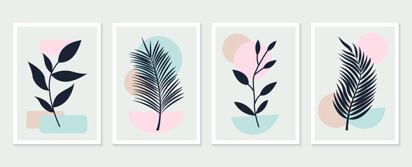 Botanical wall art vector set. Tropical Foliage line art drawing with abstract shape. Abstract Plant Art design for print, cover, wallpaper, Minimal and natural wall art. Vector illustration