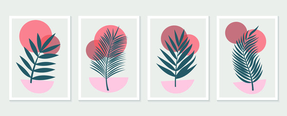 Botanical wall art vector set. Tropical Foliage line art drawing with abstract shape. Abstract Plant Art design for print, cover, wallpaper, Minimal and natural wall art. Vector illustration
