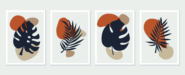 Botanical wall art vector set. Tropical Foliage line art drawing with abstract shape. Abstract Plant Art design for print, cover, wallpaper, Minimal and natural wall art. Vector illustration
