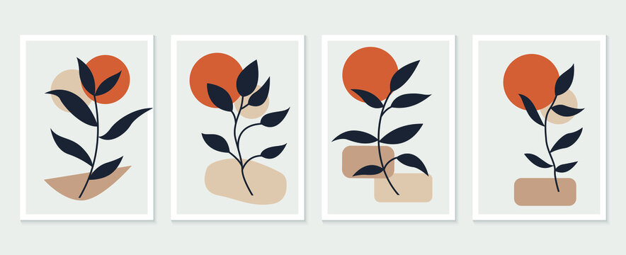 Botanical wall art vector set. Tropical Foliage line art drawing with abstract shape. Abstract Plant Art design for print, cover, wallpaper, Minimal and natural wall art. Vector illustration
