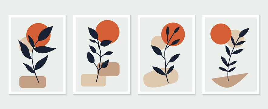 Botanical wall art vector set. Tropical Foliage line art drawing with abstract shape. Abstract Plant Art design for print, cover, wallpaper, Minimal and natural wall art. Vector illustration