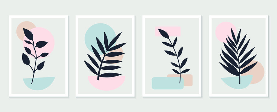 Botanical wall art vector set. Tropical Foliage line art drawing with abstract shape. Abstract Plant Art design for print, cover, wallpaper, Minimal and natural wall art. Vector illustration
